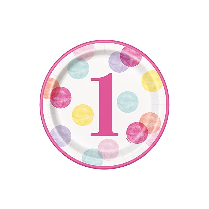 Unique 73285EU Eco-Friendly Paper Plates-23 cm-Pink Dots 1st Birthday Party-8