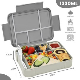 Bugucat Bento Lunch Box 1330ML,Kids Lunch Box Bento Boxes with 6 Compartments Cutlery,Leak Proof Lunchbox Snack Boxes for Kids Adult,Kids Lunch Box with Compartments for School Kindergarten Grey