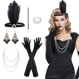 Roontin 1920 Accessories Set - 1920s Fashion Flapper Headband Long Gloves Pearl Necklace Earrings, Vintage Gatsby Accessories Set for Women