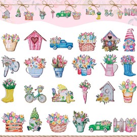 Keboyoe Pack of 24 Spring Flowers Hanging Spring Decoration Wooden Colourful Spring Hanging Decoration Wooden Pendant Flowers Wooden Pendant Spring Flowers for Doors, Gardens, Yards, Windows, Ceilings