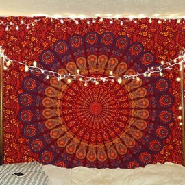 Bless International Handmade Indian hippie Bohemian Psychedelic Peacock Mandala Wall hanging College Dorm Beach Throws Table Cloth Bedding Tapestry (Golden Brown Maroon, Twin(54x72Inches)(140x185cms))