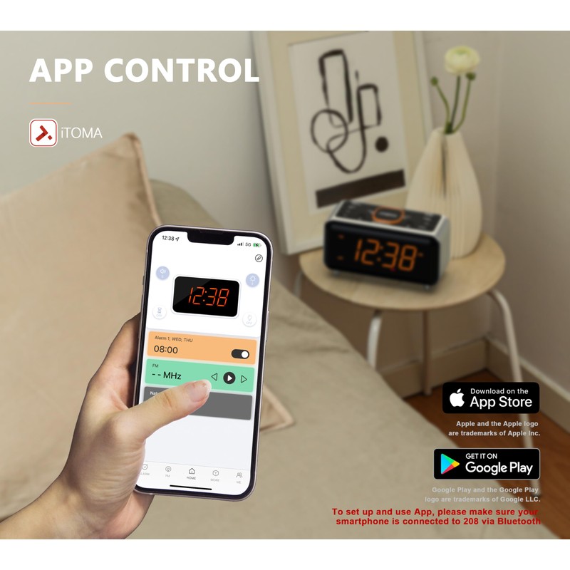 iTOMA Radio Alarm Clock with App Control, Bluetooth, FM Radio,