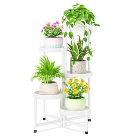 iDavosic.ly 5 Tier Folding Plant Stand Indoor Outdoor with Plastic Tray, Tiered Corner Flower Holder Shelf, Metal Orchid Display Rack for Patio Porch Living Room Garden Balcony, White