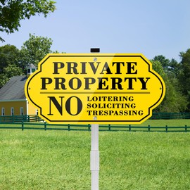 Private Property No Soliciting No Trespassing No Loitering Sign for House and Yard 14 x 7 Inches Signs with 28 Inches Long Stake Rust Free Aluminum Metal (Yellow/Black, 14" x 7")