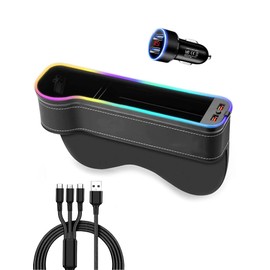 LED Car Side Storage Box, Lighting, 7 Colors, Seat Side Pocket, Car Storage Case, USB Charging Port, Drink Holder, Japanese Instruction Manual, Includes Warranty Card, Car Charger, 3 in 1 Charging
