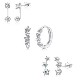 3 Pairs Sterling Silver Stud Hoop Earrings Set for Women Teens Girls 925 Sterling Silver Cartilage Earrings Ear Climber Flower Earring Daisy Huggie Hoop Multiple Piercing Earrings Set Jewellery Gifts
