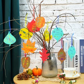 Kasyat 60 Pieces Thanksgiving Scratch Paper Art Set, Fall Scratch Craft Art Colorful Fall Leaves with 60 Pcs Colored Ribbons 10 Pcs Sticks for Autumn