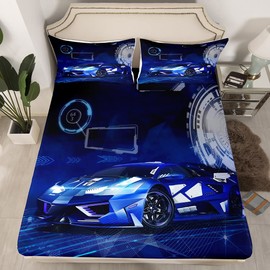 Race Car Sheet Set Toddler Full,Blue Racing Car Bed Sheets for Teens Youth,Fashion Sports Car Bedding Set Home Room Decor,Novelty Extreme Sports Fitted Sheet + Top Sheet + 2 Pillowcases Soft