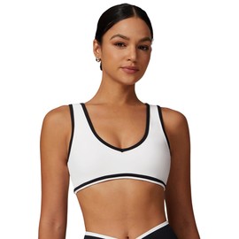 OMEWEE Women's Jogger Sports Bra V Neck Yoga Sports Bra with Removable Padded Cups, Contrasting Color Design White L