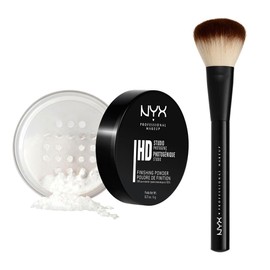 NYX Professional Makeup Combo: Polvo traslúcido mineral fijador HD Studio Finishing Powder + Brocha para polvo Pro Powder Brush - 2 piezas