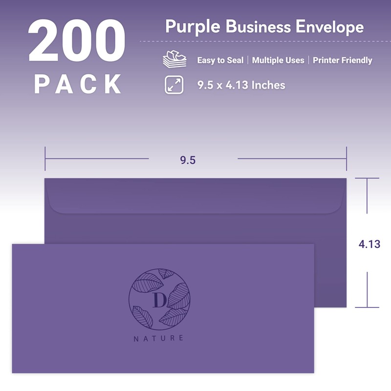 Business Envelops, 200-Pack #10 Purple Envelopes, Standard Square Flap, Gummed