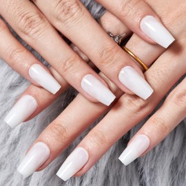 GLAMERMAID Press on Nails Short Coffin, Summer Pure White Glue on Gel Nails, 24Pcs Glossy Medium Square Reusable UV Finish Fake Nails Acrylic False Nails Manicure Kits for Women Girls Gifts