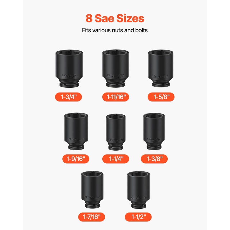 VEVOR Axle Nut Impact Socket Set - 1/2" Drive Deep