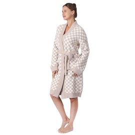 bearberry Checkerboard Robe Cozy Lightweight Soft Plush Robe Hoodless Sleepwear Nightgown with Pockets for Women (Stone/Cream)