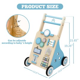 Wooden Baby Walker, Baby Push Walker Adjustable Height and Speed Multiple Learning Activity Walker Baby Walker with Wheels for Girls 6-12 Months, Blue