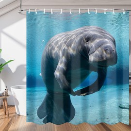 Pardick Sea Ocean Animal Manatee Shower Curtain, Waterproof Summer Shower Curtain Set with 12 Hooks, Polyester Fabric Shower Curtains for Bathroom, Bathtubs, Stalls, Home Decor, 72x72inch