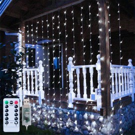 Ollny Curtain Lights Christmas Cool White 300 LED 9.8ftx9.8ft, Remote USB Powered 8 Lighting Modes Timer Waterproof Hanging Lights Indoor Outdoor for Xmas Thanksgiving Wedding Party Patio Decorations