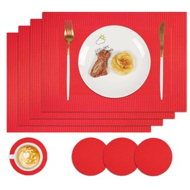 Famibay Placemats and Coasters Set of 4 Christmas Table Place Mats Heat Resistant Washable Red Plastic Dinner Place Mats for Kitchen Dining Table