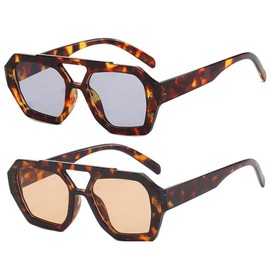 BAODAREN Trendy Aviator Sunglasses for Women Men Hexagonal Square Thick Frame Double Bridge Sun Glasses Shades BS1300 (Light Gray&Light Brown)