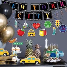 Saypacck NYC Party Decorations Bundle 31 piece set with Banners Street Signs Cutouts Dangling Whirls 3D Taxi Cab Centerpieces New York City Party Supplies New York Party Decorations for Subway