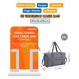 For Cabin Bag, 45 x 36 x 20 Easyjet Foldable Underseat Travel Bag, Overnight Travel Bag, Hand Luggage for Men and Women, 25L, gray