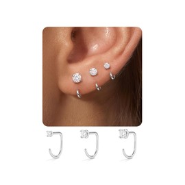 GEMQUEEN 3 Pairs 925 Sterling Silver Backless Half Hoop Earrings, CZ