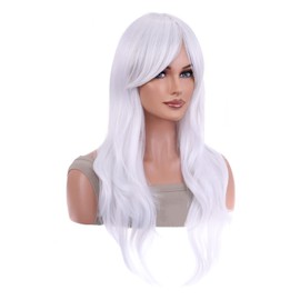 AneShe Wigs 28 Inch 70cm Long Curly Wavy Hair Wig Heat Resistant Cosplay Wig with Wig Cap (Pure White)