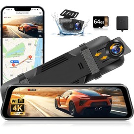 10 Pulgadas Cámara para Retrovisor, Cámara para Coche con Pantalla Táctil, Frontal Full HD 4K y Trasera 1080P, Con WiFi, GPS y Tarjeta de Memoria de 64 GB, Guardia de Aparcamiento, Grabación En Bucle