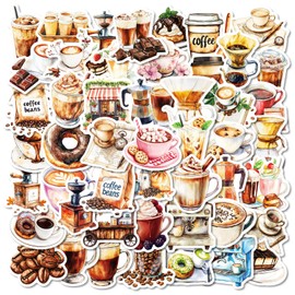 50PCS Coffee Stickers for Water Bottles Cups Scrapbooking Journaling, Icicrim Cute Cafe Stickers Waterproof Vinyl Vintage Decals for Adults Teens Aesthetic Cartoon Stickers