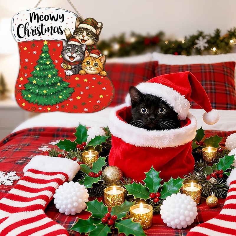 Meowy Christmas Wood Sign Merry Christmas Wall Hanging for Front