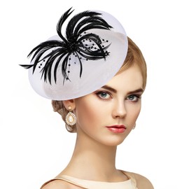 Zinniday Feather Victoria Hats Fascinators - Classic 2025 Kentucky Hat with Hair Clip, 20s 50s Black White Heart Mesh Derby Headwear for Lady Women Renaissance High Tea Party Attire Accessories