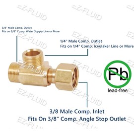 EZ-Fluid 3/8" Female Comp. x 1/4" Male Comp. x 3/8" Male Comp. LF Brass Add-on-Tee Extender Branch Connection,Add-A-Tee Compression Connector Fitting, Water Line Splitter for Angle Stop Valve(1)