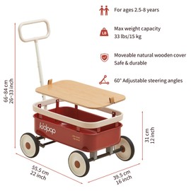 kidpop PULA-Wild 3-in-1 Kids' Pull-Along Wagon Toddlers Push Walker for 2.5-8, Removable Wooden Cover and Adjustable Handlebar, Birthday Gifts Max Weight 33 lbs (Red)