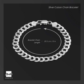 Amberta 925 Sterling Silver Bracelet - 8 mm Thick - Flat Cuban Curb Chain for Men - Length 8 Inch