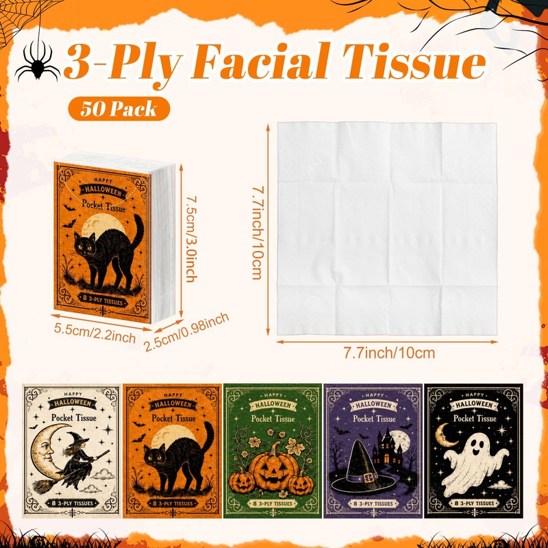 50 Pack Cute Halloween Pocket Tissues Travel Size 3 Ply