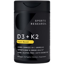 Sports Research Vitamin D3 K2 with Coconut Oil | Plant Based Vitamin K2 MK7 + Vegan D3 5000iu for Bone & Immune Health | Vegan Certified, Soy & Gluten Free - 30 Count Softgels
