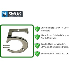 Chrome Door Numbers Screw On 3 Inch Number 5 Door Number Elegant and Bold Door Numerals Suitable for All Door Types Including Wooden uPVC and Composite.