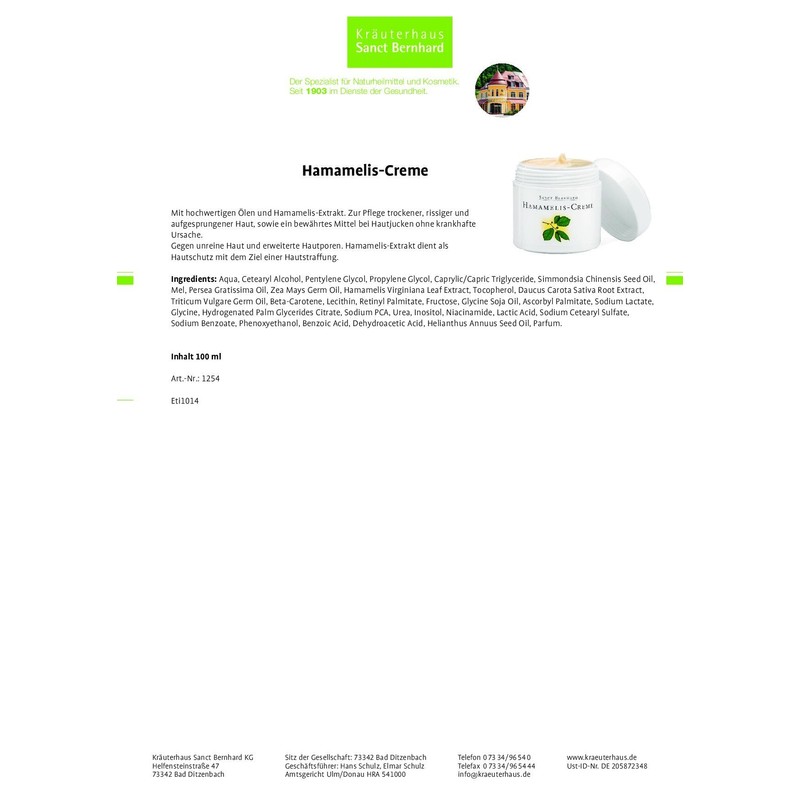 Kräuterhaus Sanct Bernhard Witch Hazel Cream