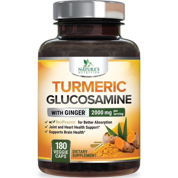Turmeric Curcumin with BioPerine, Ginger & Glucosamine 95% Curcuminoids 2000mg - Black Pepper for Max Absorption, Joint Support, Nature's Tumeric Extract Supplement, Non-GMO - 180 Capsules