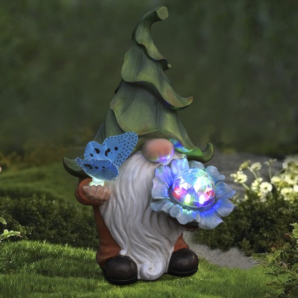 LA JOLIE MUSE Garden Gnome Statue - 11.6'' Resin Gnome Figurine Holding Magic Orb and Butterfly with Solar LED Lights, Outdoor Decoration for Patio Yard Lawn Porch