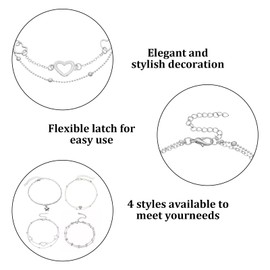 4 PCS Anklets for Women Ankle Bracelets Silver Heart Pendant Ankle Chain Stylish Women's Anklets Adjustable Double Layered Love Beads Foot Chain Ankle Bracelet Beach Anklet for Ladies Girls Beach