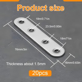 CERICAI 20Pcs Stainless Steel Flat Wood Brackets, 80mm x 17mm x 1.75mm, 4-Hole Design, Easy Installation, Versatile Use