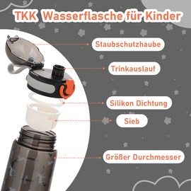 TKK 1005 Kinderflasche 350ml auslaufsicher, Tritan BPA-Frei einhändig bedienbare mit Sieb Trinkflasche Schwarz