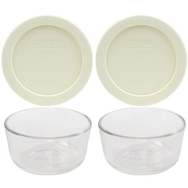 Pyrex (2) 7202 1 Cup Glass Bowls & (2) 7202-PC Sour Cream Lids