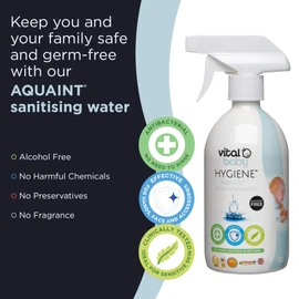Vital Baby Hygiene AQUAINT Sanitising Water - Kills 99.9% of Germs - Baby Safe - No Alcohol, Fragrance or Harmful Chemicals – Safe to Swallow – Sanitise Baby Bottles, Soothers, Toys & Surfaces - Vegan