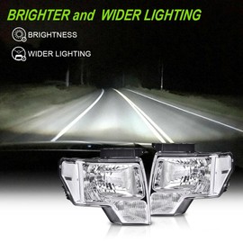 GRAND ORANGE Headlights Assembly Compatible with 2009-2014 Ford F150 Headlamps Driver & Passenger Side Clear Lens Chrome Housing Clear Reflector DL3Z13008A FO2502289