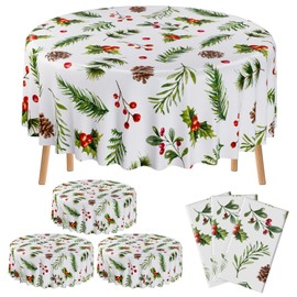 6 Pack Christmas Table Cover 84 Inch Round Holly Berry Decorative Tablecloth Disposable Plastic Tablecloth for Christmas Party Holiday Xmas Dining Home