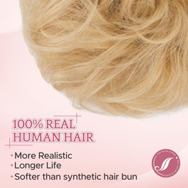 SEGO Larger Human Hair Bun, Real Hair Messy Bun Hairpieces Scrunchies Wavy Curly Tousled Updo Donut Chignon Ponytail Extensions for Women Girls-C-#613R Bleach Blonde
