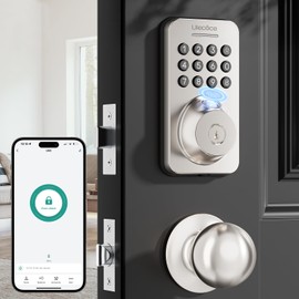 Ulecoce Fingerprint Keypad Deadbolt with Handle Set, Keyless Entry Door Lock, Door Locks for Front Door Lock Set, App Control, Auto Locking, Easy to Install, Satin Nickel