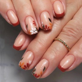 Flower French Tip Press on Nails Short Sqaure Fake Nails with Flowers Leaf Designs Medium Square False Nails Nude Glue on Nails Spring Stick on Nails Pink Acrylic Nails Full Cover Artificial Nail